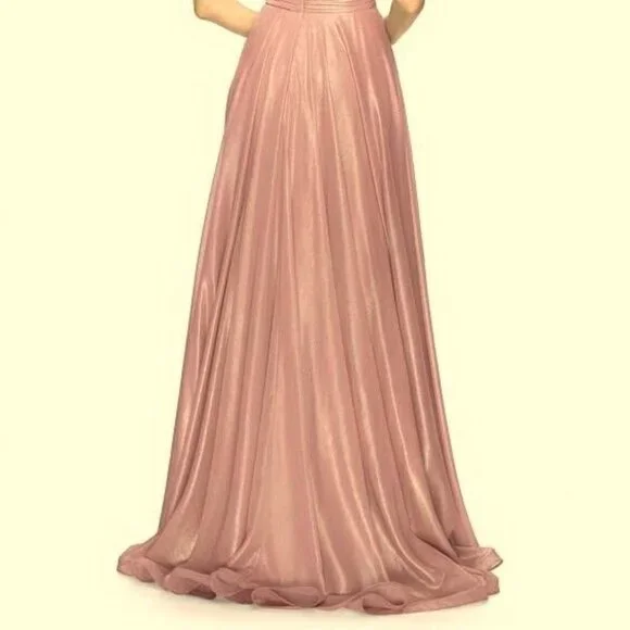 La Femme Pink Metallic Iridescent Off the Shoulder Chiffon Gown